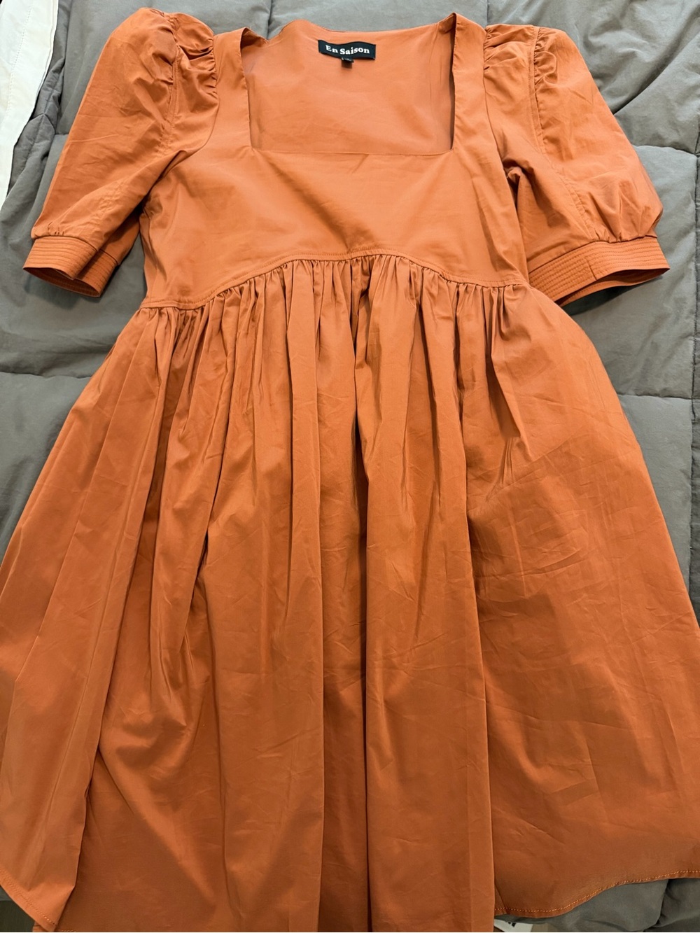 En Saison Rust Orange Square-Neck Puff Sleeve Dress